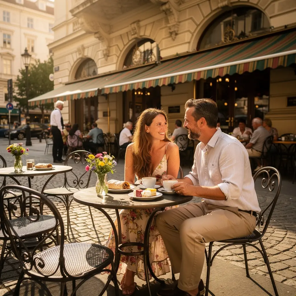 Ein Paar, das sich in einem malerischen Park küsst, umgeben von blühenden Blumen und romantischer Atmosphäre.