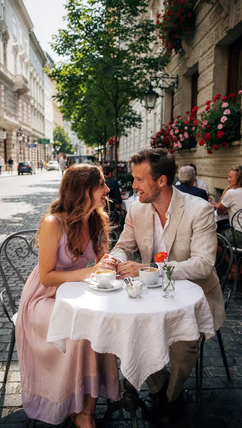 Ein romantisches Paar, das bei Sonnenuntergang am See spazieren geht und sich verliebt ansieht.