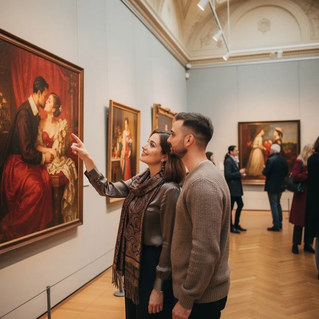 Eine historische Szene mit einem Paar in traditioneller Kleidung, das sich in einem schönen Garten begegnet.